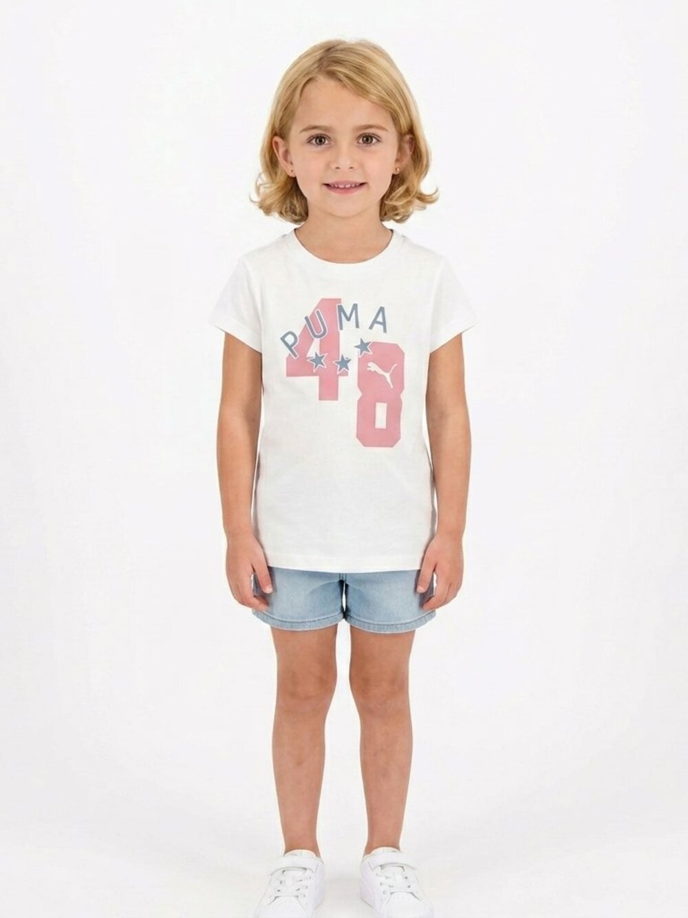 PUMA BRAND Girl's White T-Shirt with Pink & Blue Logo - Size 6 NWT